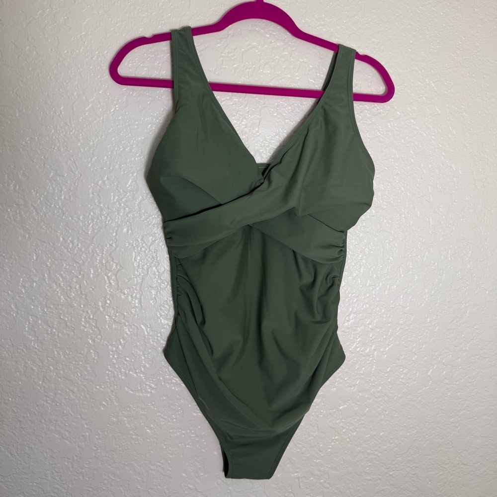 Olive Green One-Piece Swimsuit Size Medium Slimming Details Beach Pool Vacation
